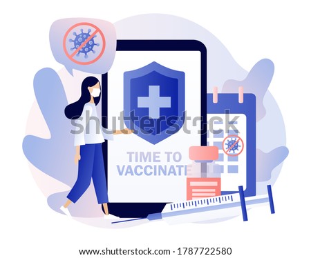 Time to vaccinate reminders in the smartphone app. Vaccination concept. Tiny girl doctor with vaccine, syringe, bottle and calendar. Modern flat cartoon style. Vector illustration on white background