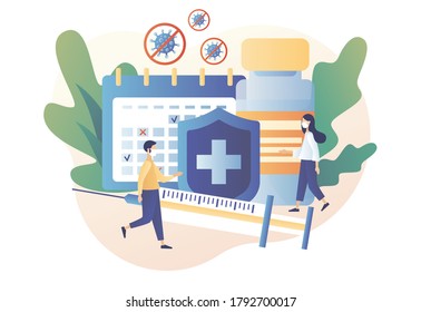 Zeit für Impfungen. Kleine Menschen Ärzte gegen das Virus mit Impfstoff, Spritze, Flasche, Schutzzeichen und Kalender. Impfkonzept. Moderner, flacher Cartoon-Stil. Vektorgrafik