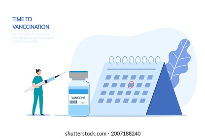 Time to vaccinate. Vaccination concept.
Nurse holding syringe to prepare for vaccination, female nurse and calendar