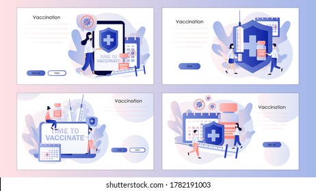 Time to vaccinate. Vaccination concept. Screen template for mobile smart phone, landing page, template, ui, web, mobile app, poster, banner, flyer. Modern flat cartoon style. Vector illustration 
