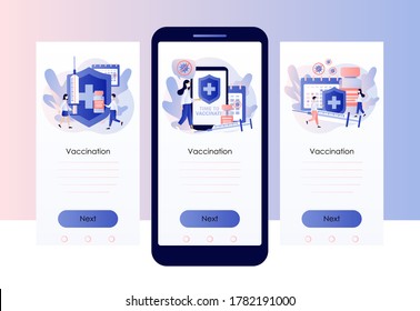 Es hora de vacunar. Concepto de vacunación. Pequeños médicos con vacuna, jeringa, botella y calendario. Plantilla de pantalla para teléfono inteligente móvil. Estilo moderno de dibujos animados planos. Ilustración del vector 