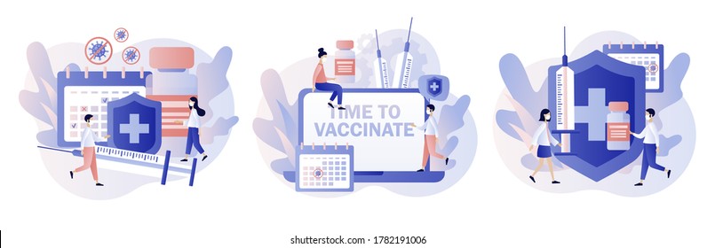 Time to vaccinate. Vaccination concept. Tiny people doctors with vaccine, syringe, bottle and calendar. Modern flat cartoon style. Vector illustration on white background