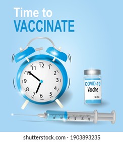 Time to vaccinate. Vector coronavirus vaccine background. Vaccination against COVID-19 coronavirus with vaccine vial and syringe injection tool for covid19 immunization treatment. Vector