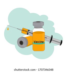 Time to vaccinate. Vector illustration with syringe with vaccine, bottle and medical vaccine. Corona virus covid-19 vaccine concept. Corona virus cure. Injection.