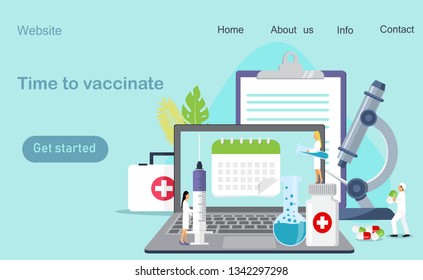 Time to vaccinate. Vector illustration with vaccine, bottle, vaccination calendar and doctors. Modern vector illustration concepts for website and mobile website development, apps is presented