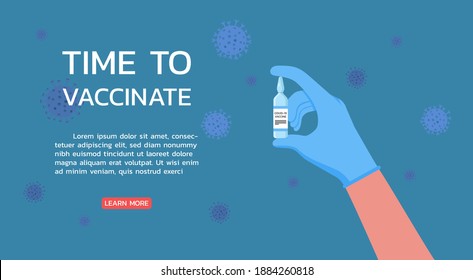 tiempo para vacunar el concepto de banner web, manos del médico con guante de goma con frasco ampule de vacuna para el tratamiento del virus influenza, ilustración vectorial plana
