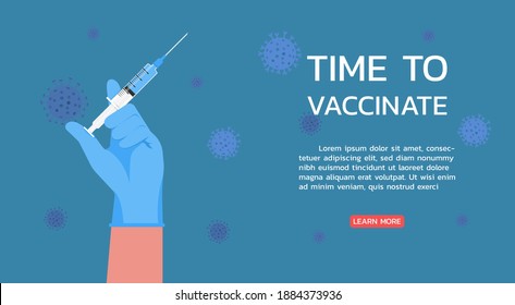 time to vaccinate web banner concept, doctor hands wearing rubber glove with syringe and needle, medical flu shot vaccine for the treatment of the virus, flat vector illustration