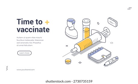 Hora de vacinar o banner da web. Modelo isométrico para uma campanha de saúde ou vacinação. Ilustração vetorial com seringa e vacina para um design moderno de landing page
