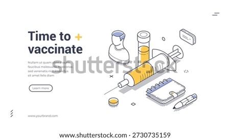 Time to vaccinate web banner. Isometric template for a healthcare or vaccination campaign. Vector illustration with syringe and vaccine for a modern landing page design