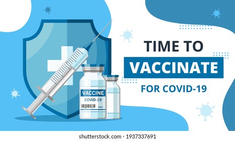 Time to vaccinate.Bottle and syringe with vaccine injection from covid-19 virus.Medical treatment and healthcare.Antiviral vaccination concept for web design, banner, poster.Stop pandemic coronavirus