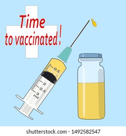 Time to vaccinated. Flat concept of a syringe with a vaccine. A bottle of medicine. Isolated. Vector
