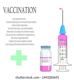 Time to vaccinated. Flat concept of a syringe with a vaccine. A bottle of medicine. Isolated. Vector