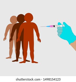 Time to vaccinated. Flat concept of a syringe with a vaccine.  People of different nationalities. Vector