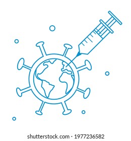 Time to vaccinate.Stop world pandemic covid -19.Global vaccination concept.Coronavirus line icon.Immunization Campaign.Vaccine and syringe injection flat vector illustration.Antiviral medical template