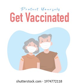 Time to vaccinate.vaccination of the elderly.protect your self.old couple get vaccinated.senior man and senior woman wear mask.grandma and grandpa.prevention COVID19.flat design vector illustion.