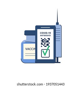 Time of vaccination against covid-19. Virus protection. Testing for antibodies. QR code on a smartphone with a test result. Isolated concept on white background. Vector illustration