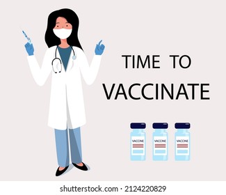 Time for vaccination.The doctor holds a syringe and a vaccine in his hands, prevents the spread of the coronavirus. Protecting people from the flu, from the pathogens of the COVID-19 virus.