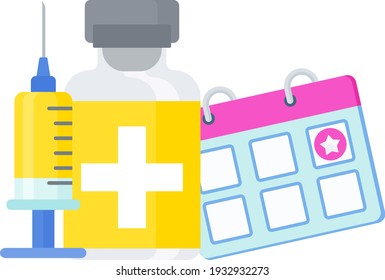 Time to Vaccination icon. Syringe and dose of vaccine. Protection shield from the coronavirus pandemic. Global immunization.