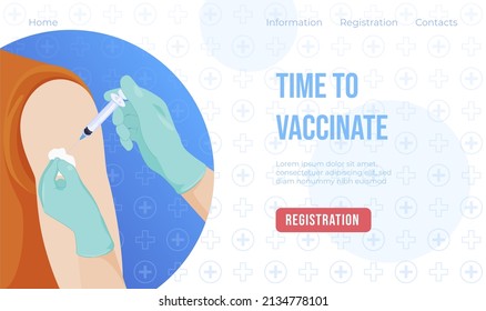Time to vaccination internet advertising landing page vector flat illustration. Personal medical protection vaccine injection viral infection spreading preventive. Healthcare online information