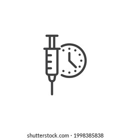 Time to vaccination line icon. linear style sign for mobile concept and web design. Clock and injection syringe outline vector icon. Symbol, logo illustration. Vector graphics