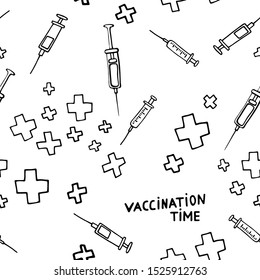 Time for Vaccination! Seamless medical pattern. Vaccination of influenza and other illness, disease prevention,health care. Vector picture with pharmaceutical hand-drawn elements on a white background