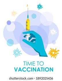 Time to vaccination. Vaccine medicine poster. Vaccine shot concept, disease syringes, vector illustration.