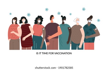 Time for vaccination vector concept. Diverse multicultural people were vaccinated. Selfcare, healthcare, flu, influenza. Flat cartoon illustration isolated on white for poster, banner, template, web