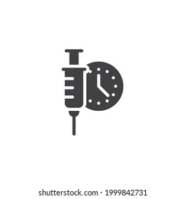 Zeit bis zur Impfung Vektorsymbol. volles Flachzeichen für mobiles Konzept und Webdesign. Symbol für die Glyphe der Uhr und der Injektionsspritze. Symbol, Logo-Abbildung. Vektorgrafik