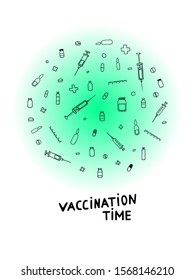Time for Vaccination! Vector illustration with Outline black pharmaceutical hand-drawn elements on a white background with blue gradient circle. Poster with medicines, syringes, crosses, pills