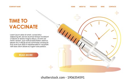 Tiempo hasta la vacunación. Ilustración vectorial con jeringa para la vacuna y viales para la vacuna. Derrotar la pandemia de Cavid-19 con la vacuna Proyectos virus de forma de salud. Diseño plano