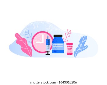 Tiempo hasta la vacunación vector moderna ilustración plana. Reloj grande, jeringa, botella médica y pastillas aisladas en fondo blanco. Concepto de atención de la salud.