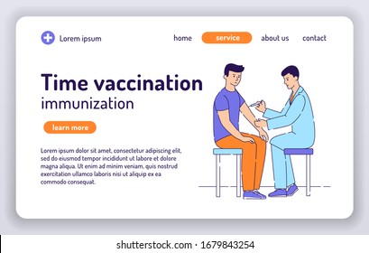 Time vaccination web banner. Doctor man giving free flu vaccination shot to hand male patient flat vector illustration. Concept for web page, presentation, smm, ad, site. UX UI GUI design.