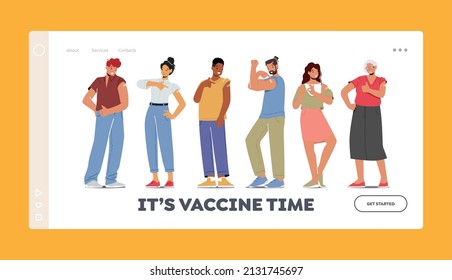 Time to Vaccine Landing Page Template. Vaccinated People Show Patch and Positive Gestures, Male and female Characters. Immunization, Vaccination, Health Care Concept. Cartoon Vector Illustration