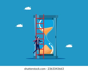 Time value. Businessman climbs the stairs onto the vector hourglass