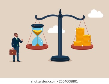 Time value. Compare money to time. Sand clock and stacked coins on Seesaw. Modern vector illustration in flat style. 