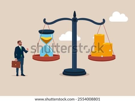 Time value. Compare money to time. Sand clock and stacked coins on Seesaw. Modern vector illustration in flat style. 