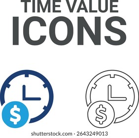 Time value icons, Line art icons, Timer, alarm, schedule, hourglass, clock icons. Solid icon collection.