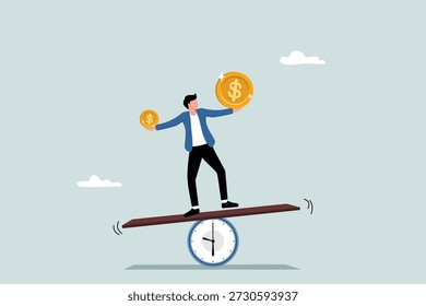Time value of money, the amount of money that is worth more now than in the future, inflation or cost of income, investors entrepreneurs hold large and small amounts of money on a seesaw of a clock.