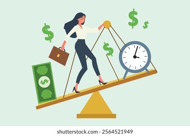 Time value of money concept. Businesswoman balancing time and money on a seesaw, illustrating the principle that money is worth more today than in the future. Vector for finance and investment