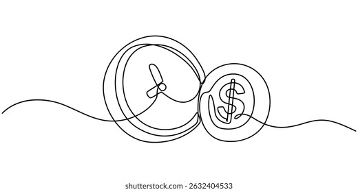 Valor de Tempo do Ícone de Linha Plana Money, Ilustração de Símbolo de Vetor de Contorno. Pixel Perfeito, Relógio e moeda com sinal de dólar contínuo um desenho de linha, Tempo é ícone de linha de dinheiro, Design de esboço, Pixel.