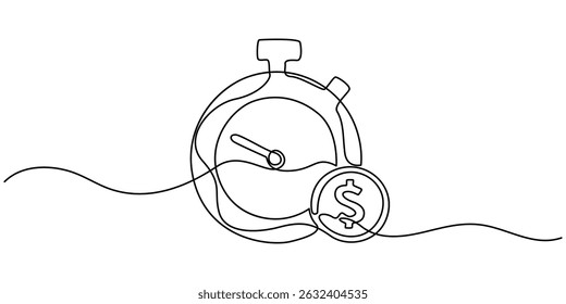 Time Value of Money Flat Line Icon, Outline Vector Symbol Illustration. Pixel Perfect, Clock and coin with dollar sign continuous one line drawing, Time Is Money Line icon, Sketch Design, Pixel.