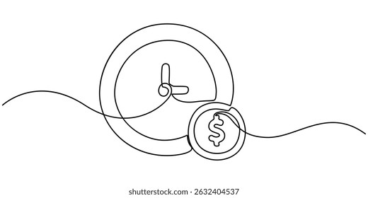 Time Value of Money Flat Line Icon, Outline Vector Symbol Illustration. Pixel Perfect, Clock and coin with dollar sign continuous one line drawing, Time Is Money Line icon, Sketch Design, Pixel.