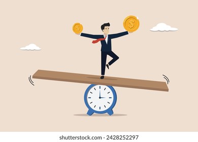 Time value of money, inflation or earning cost, sum of money worth more now at present time than future, businessman investor holding money big and small coin on clock seesaw.