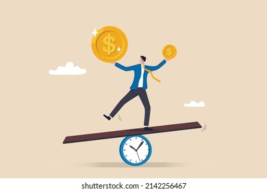 Time value of money, sum of money worth more now at present time than future, inflation or earning cost, value depend on time, businessman investor holding money big and small coin on clock seesaw.
