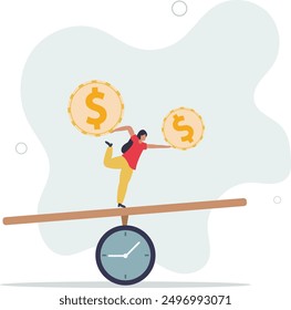 Time value of money, sum of money worth more now at present time than future, inflation or earning cost, value depend on time.flat design.illustration with people.