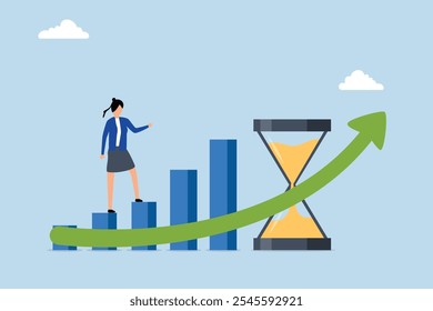 Tempo valor do dinheiro, mulher passell acima do crescimento gráfico ascendente com ampulheta simbolizando o tempo. 