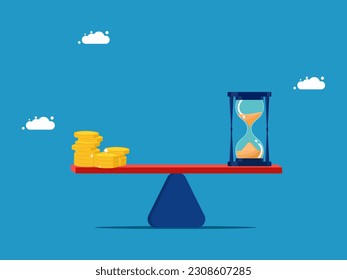 Time value or opportunity cost. money and hourglass on scales