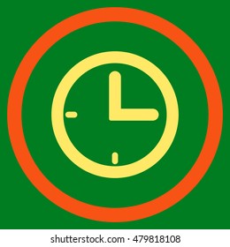 Time vector bicolor rounded icon. Image style is a flat icon symbol inside a circle, orange and yellow colors, green background.