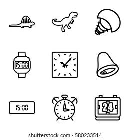 Time vector icons. Set of 9 Time outline icons such as wrist dial watch, clock, digital clock, alarm, bell, extinct sea creature