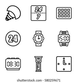 Time vector icons. Set of 9 Time outline icons such as wall clock, wrist watch for woman, wrist dial watch, calendar, 24 hours, 24 7 hour, pendulum, digital clock